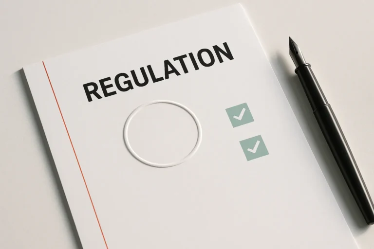 Blank regulatory document with an abstract round seal and verification checkmarks beside a graphite pen
