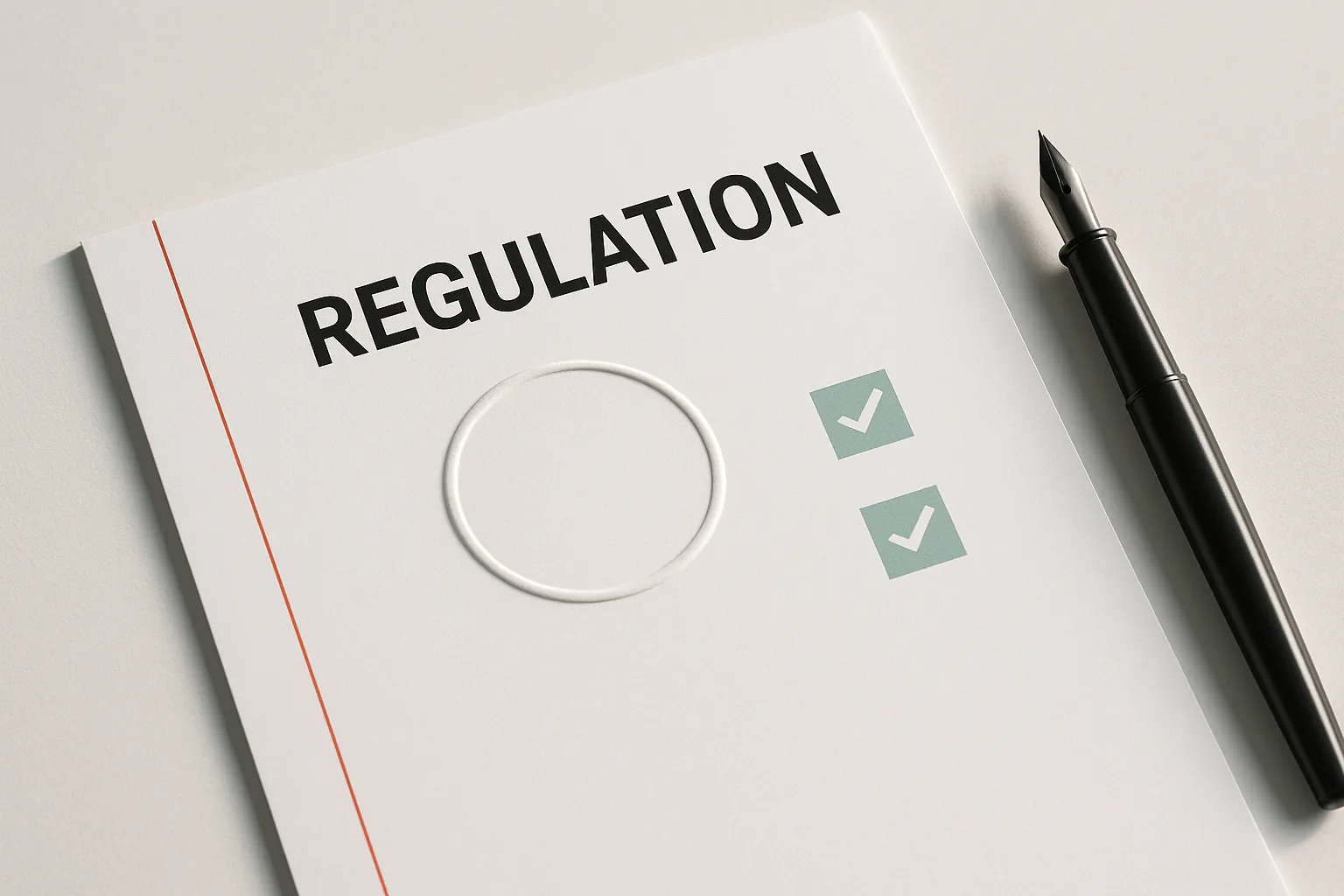 Blank regulatory document with an abstract round seal and verification checkmarks beside a graphite pen