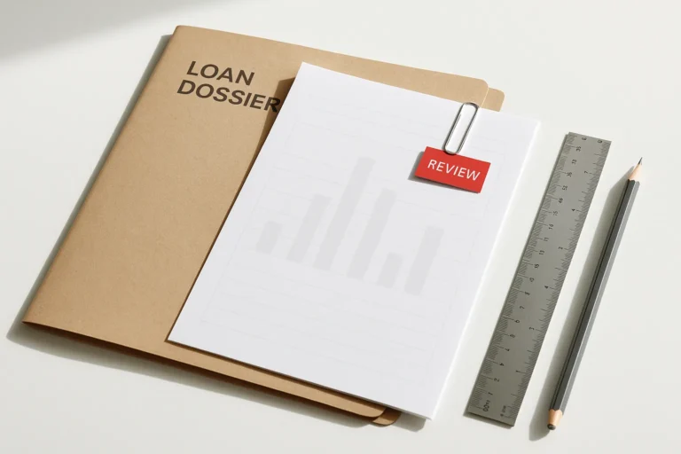 Open loan-file dossier with blank financial sheets, a red review tab and a graphite ruler